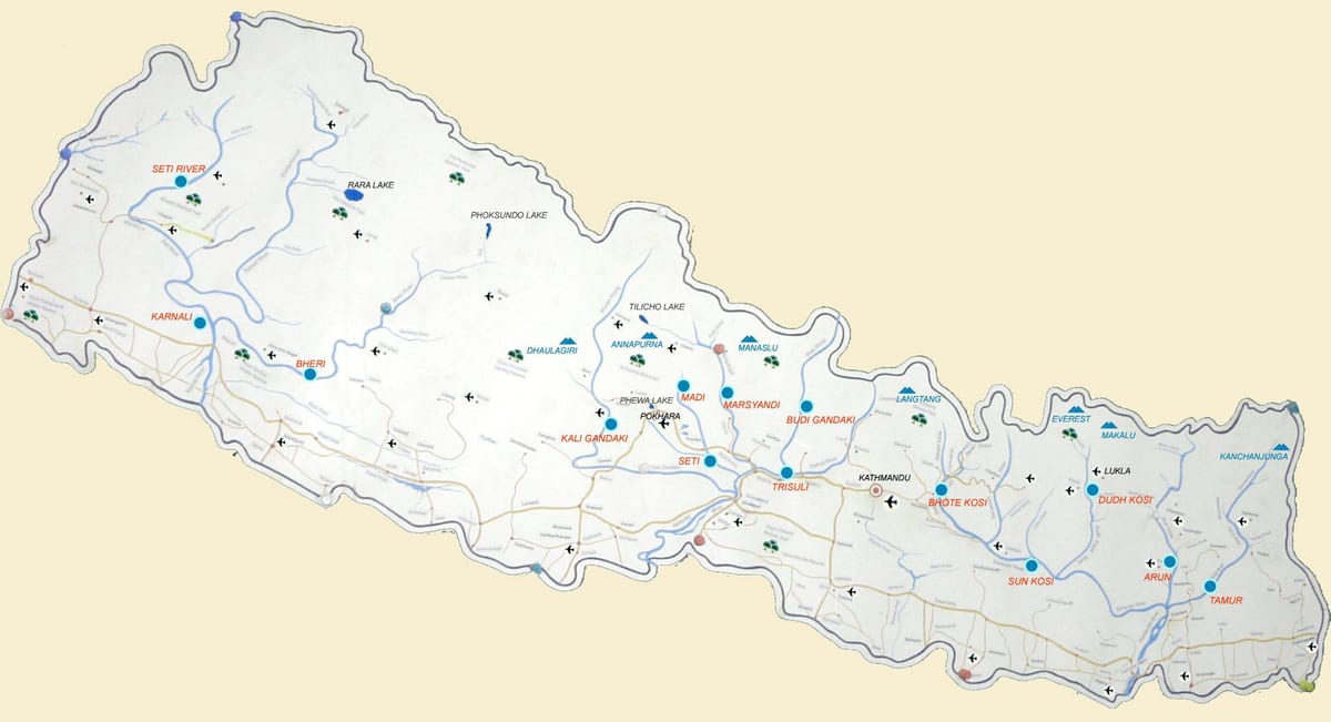 քարտեզ Նեպալի ի ցույց տալով գետերի