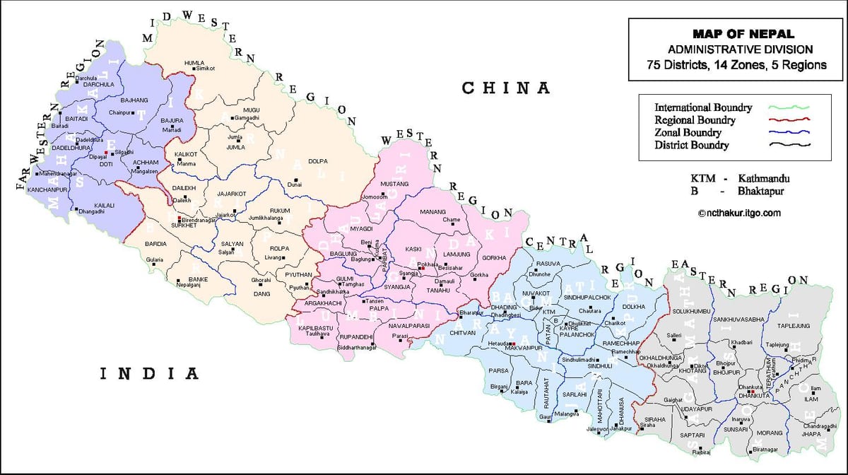 Նեպալ 75 շրջան քարտեզի վրա